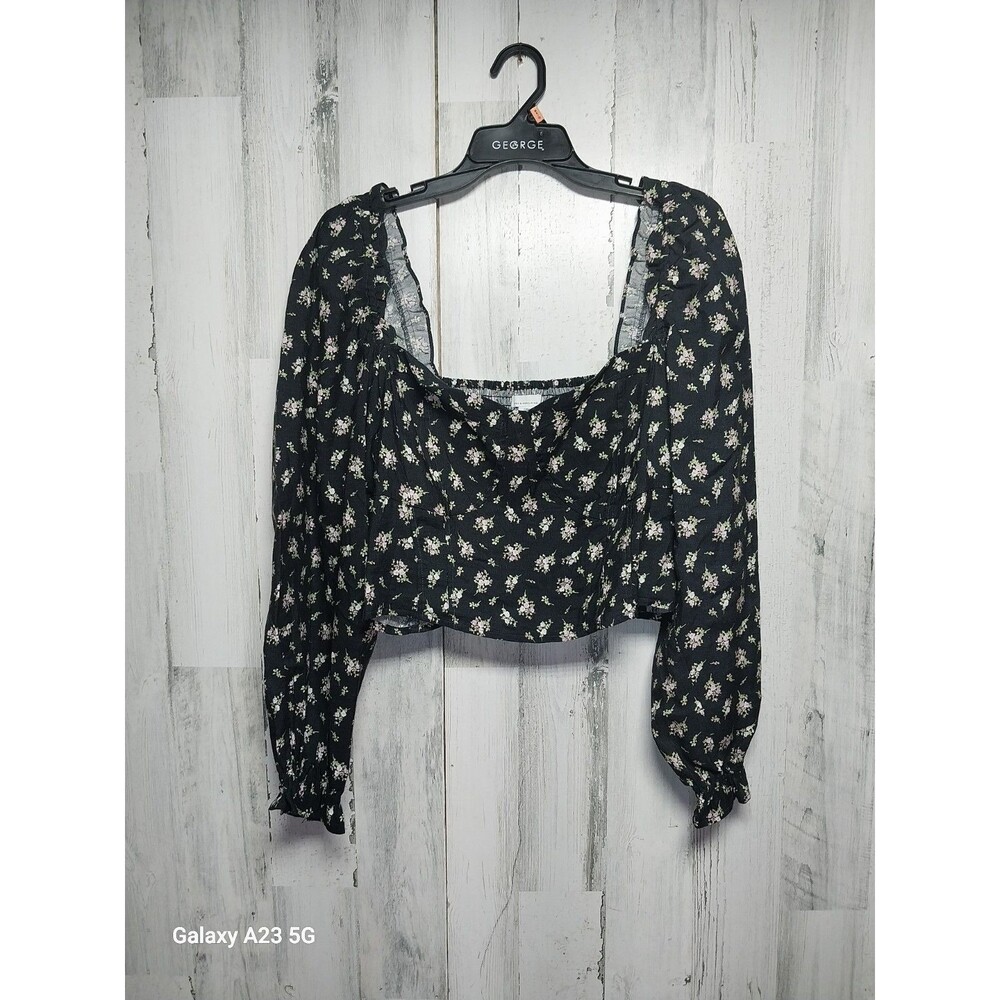 H&M Blouse Women Size XL Black Floral Linen Smocked Puff Sleeves Ruffle Trim